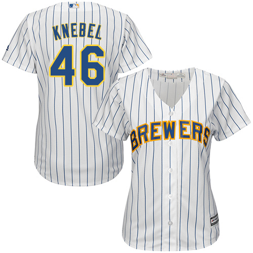 Brewers #46 Corey Knebel White Strip Home Women's Stitched MLB Jersey - Click Image to Close